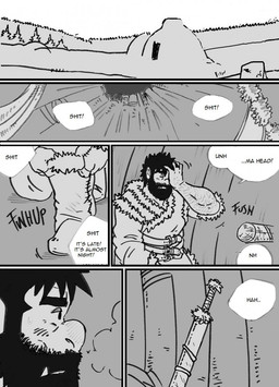 dialogue forest hairy male muscular plant profanity snow text tree weapon husky92 humanoid mammal orc comic english_text hi_res monochrome multiple_scenes