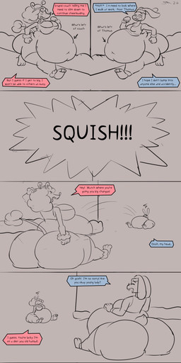 accident after_vore anthro belly_to_belly exercise falling_over female male post_vore_weight_gain profanity text vore dirtymac ben-bun_(afraart) chewy_cherry_(afraart) canid canine canis domestic_dog lagomorph leporid mammal poodle rabbit absurd_res english_text hi_res