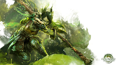 clothed clothing dagger druid female fully_clothed green_body green_hair green_skin hair humanoid_pointy_ears looking_at_viewer magic_user melee_weapon not_furry plant pointy_ears solo staff tribal_spellcaster weapon unknown_artist guild_wars elemental_creature flora_fauna humanoid sylvari 16:9 hi_res official_art widescreen