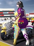 anthro bangs big_breasts boots breasts checkered checkered_flag clothing female footwear high_heeled_boots high_heels looking_aside motorcycle racing racing_suit shoes solo text thick_thighs vehicle band1tnsfw domestic_pig mammal suid suine sus_(pig) 3:4 digital_drawing_(artwork) digital_media_(artwork) english_text full-length_portrait hi_res portrait