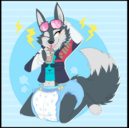 anthro beverage big_diaper clothed clothing container cup diaper drinking drinking_glass eyewear fangs female glass glass_container glass_cup iced_tea jacket kneeling solo sunglasses tea teeth tongue tongue_out topwear wearing_diaper yellow_eyes jupiters illumination_entertainment sing_(movie) porsha_crystal canid canine canis mammal wolf hi_res