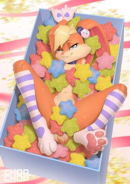 4_toes 5_fingers anthro biped blonde_hair blue_eyes buckteeth candy clothing collar convenient_censorship countershading dessert ears_tied_back eyebrows eyelashes feet female fingers food front_view fur hair legwear long_ears long_legs looking_at_viewer mostly_nude narrowed_eyes navel pawpads paws scut_tail short_tail solo stockings tail teeth toes chopchop looney_tunes warner_brothers lola_bunny digital_media_(artwork) full-length_portrait hi_res portrait shaded