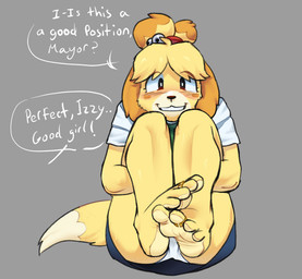 4_toes accessory anthro barefoot bell blush blush_lines bottomwear camel_toe clothed clothing countershade_feet countershading crossed_feet dialogue digit_ring feet feet_together female foot_focus fur genital_outline hair hair_accessory hair_bun holding_legs_back humanoid_feet jewelry markings panties plantigrade ring simple_background skirt smile smiling_at_viewer soles solo tail tail_markings talking_to_viewer toe_ring toes underwear vulva_outline yellow_body yellow_fur inkmintro animal_crossing nintendo isabelle_(animal_crossing) canid canine canis domestic_dog mammal shih_tzu toy_dog digital_drawing_(artwork) digital_media_(artwork)