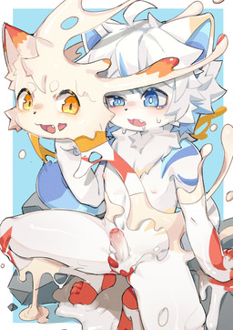 4_fingers 4_toes ahoge anthro balls bangs blue_background blue_body blue_eyes blue_fur blue_inner_ear blue_markings bodily_fluids body_control border chest_tuft circle_eyebrows clothing crouching crying cute_fangs dipstick_ears dipstick_fingers duo ear_markings erect_nipples erection eyebrows fangs feet fingers foreskin fur fur_markings genitals goo_transformation hair head_tuft latex latex_clothing latex_skinsuit latex_transformation male male/male markings multicolored_ears nipples nude nude_anthro nude_male open_mouth penis red_ear_tips red_feet red_markings simple_background skinsuit smile smiling_at_another spread_legs spreading tan_ear_tips tears teeth tight_clothing tiptoes toes tongue transformation tuft white_body white_border white_ears white_fur white_hair yellow_eyes young young_anthro young_male kazukiiii462 animate_inanimate canid canine canis domestic_cat felid feline felis fox goo_creature living_clothing living_latex mammal absurd_res hi_res