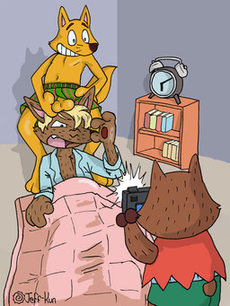 alarm_clock anthro balls balls_through_fly boxers_(clothing) camera clock clothed clothing futon genitals grin group male male/male navel partially_clothed prank sexual_harassment shirt simple_background sleepover smile tea_bagging topwear underwear leafdubois kaiketsu_zorori gaon zorori canid canine canis fox mammal suid suine sus_(pig) wild_boar wolf 2009 3:4 signature