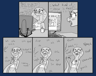 anthro bite biting_lip breasts clothed clothing coffee_mug computer computer_mouse electronics embarrassed eyewear female freckles glasses grey_background humor keyboard looking_at_porn moan monitor nerd open_mouth panties pantsless pornography sex shirt simple_background snake_hood solo tail tail_motion tailwag tank_top tentacle_sex tentacles text topwear tricked underwear happy_harvey hentai_haven reptile scalie snake alpha_channel english_text greyscale hi_res monochrome