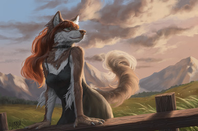 4_fingers anthro bangs biped breasts brown_body brown_fur brown_hair brown_tail claws clothed clothed_anthro clothed_female clothing cloud collar day dress dutch_angle facial_piercing female female_anthro finger_claws fingers front_view fur green_eyes hair inner_ear_fluff jewelry long_hair looking_aside mountain necklace neckwear nose_piercing nose_ring outside piercing pose ring_piercing sky small_breasts solo standing tail text tuft aurru toffle canid canine canis domestic_dog mammal 2025 artist_name dated digital_media_(artwork) digital_painting_(artwork) english_text handwritten_text painting_(artwork) portrait shaded soft_shading three-quarter_portrait