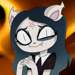 anthro black_clothing black_dress clothing dress eyeshadow fangs female fur green_hair hair hands_together makeup nervous nervous_smile notched_ear occult_symbol pentagram pentagram_tattoo solo symbol tattoo teeth white_body white_fur monodie cartoon_hangover the_summoning claire_(the_summoning) domestic_cat felid feline felis mammal 1:1 2019 digital_drawing_(artwork) digital_media_(artwork)