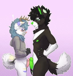 anthro balls black_hair blush bottomless clothed clothing clothing_lift comparing comparing_penis duo erection exclamation_point eyewear frottage fur genitals glasses green_eyes green_nose green_penis hair hoodie humanoid_genitalia humanoid_penis looking_at_genitalia looking_at_penis looking_down male male/male open_mouth penile penis penis_size_difference penises_touching purple_eyes sex shirt shirt_lift simple_background size_difference topwear vein veiny_penis white_body white_fur tobicakes canid canine canis deer domestic_dog hybrid mammal hi_res