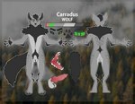 5_fingers anthro black_body black_fur black_pawpads blurred_background chest_tuft color_swatch crotch_tuft erection fingers fluffy fur genitals green_eyes grey_body humanoid_hands knot male pawpads penis solo standing tuft vein veiny_penis floofthefennec carradus canid canine canis mammal wolf absurd_res flat_colors hi_res model_sheet