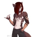 anthro brown_body brown_fur clothed clothing fur green_eyes grin hair hair_over_eye long_hair male one_eye_obstructed red_hair smile solo topless white_body white_fur furrholic ako_(character) african_wild_dog canid canine mammal 1:1 digital_drawing_(artwork) digital_media_(artwork)