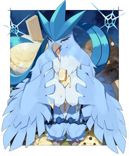 anthro anthrofied areola beak big_breasts blue_body blue_tail blue_wings breast_squish breasts dessert female food food_on_body front_view hand_on_breast ice_cream looking_at_viewer nipples non-mammal_breasts non-mammal_nipples nude nude_anthro nude_female pokemorph red_eyes solo squish tail thick_thighs wings kame_3 nintendo pokemon articuno generation_1_pokemon legendary_pokemon pokemon_(species) 2025 absurd_res digital_drawing_(artwork) digital_media_(artwork) hi_res