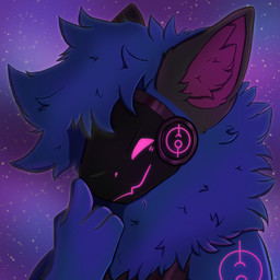 4_fingers ambiguous_gender anthro black_visor blue_body blue_fur blush blush_lines boop cosmic_background fingers fluffy fluffy_fur fur glowing glowing_symbol grey_ears inner_ear_fluff looking_at_viewer machine neck_tuft nose_boop pink_eyes pink_inner_ear pink_inner_ear_fluff purple_background screen screen_face self-boop shadow simple_background sky solo star starry_background symbol symbol_on_shoulder symbol_tattoo touching_nose tuft visor cylix nexus_(cylix) protogen 1:1 absurd_res bust_portrait hi_res icon portrait
