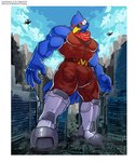 aircraft anthro blue_body boots building bulge city clothing destruction footwear helicopter macro male muscular muscular_male scarf shoes solo stomping vehicle wolfmalro nintendo star_fox falco_lombardi avian bird absurd_res hi_res