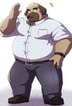 anthro belly big_belly bottomwear brown_body clothing humanoid_hands kemono male overweight overweight_male pants shirt simple_background solo topwear emufu canid canine canis domestic_dog mammal 2024 hi_res