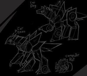 ambiguous_gender beak claws computer_keyboard feathers feral horror_(theme) machine metallic_body plug quadruped robotic_wings robotization size_difference solo text wings krayzay_wire hasbro takara_tomy transformers avian bird canid canine canis columbid cybertronian domestic_dog mammal murid murine pigeon rat robot rodent black_and_white english_text monochrome