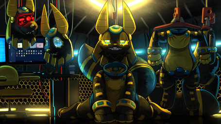animal_costume chair clean_diaper clothed clothing computer costume detailed_background diaper diapersuit electronics furniture glowing glowing_eyes jackal_costume machine monitor office_chair pawpads plushsuit smile teeth wearing_diaper yellow_pawpads sexotheque egyptian_mythology middle_eastern_mythology mythology anubis animate_inanimate canid canine canis deity jackal living_clothing living_costume mammal 16:9 2022 4k absurd_res digital_drawing_(artwork) digital_media_(artwork) hi_res widescreen