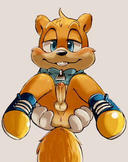 anthro anus balls biped blue_eyes bottomless buckteeth butt butt_grab clothed clothing erection footwear foreskin fur genitals gloves half-closed_eyes hand_on_butt handwear humanoid_genitalia humanoid_penis jacket looking_at_viewer lying male narrowed_eyes on_back penis shoes simple_background smile solo teeth topwear zipper dandi conker's_bad_fur_day rareware conker mammal rodent sciurid tree_squirrel