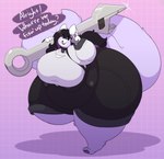 anthro big_butt big_ears biped black_bottomwear black_clothing black_hair black_pants bottomwear butt clothing collar female fur grey_clothing grey_shirt grey_topwear hair huge_butt huge_thighs huge_wrench hyper hyper_butt hyper_thighs long_hair obese obese_female overalls overweight overweight_female pants pink_background purple_background purple_body purple_fur shirt simple_background solo speech_bubble thick_thighs tools topwear white_body white_fur wrench noirbutt minty_(cutieballoonie) felid feline mammal hi_res