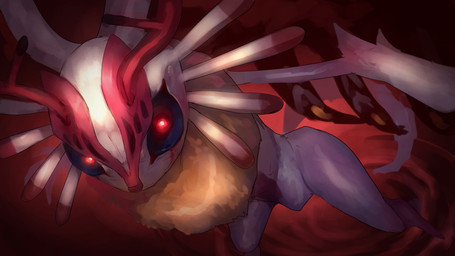 ambiguous_gender anthro antlers biped black_sclera chest_tuft countershade_torso countershading death_glare digitigrade dutch_angle fluffy fluffy_tail fur glowing glowing_eyes head_wings high-angle_view horn huge_wings looking_at_viewer mouthless multicolored_body multicolored_fur neck_tuft pupils red_background red_body red_fur red_pupils ripples simple_background solo tail tan_body tan_fur three-quarter_view tuft unusual_wing_placement walking_on_water white_body white_fur wings shiburingaru321 kirby_(series) kirby_and_the_forgotten_land nintendo chaos_elfilis alien chinchilla chinchillid mammal rodent starling_(kirby) 16:9 2022 4k absurd_res digital_drawing_(artwork) digital_media_(artwork) full-length_portrait hi_res japanese_description portrait widescreen