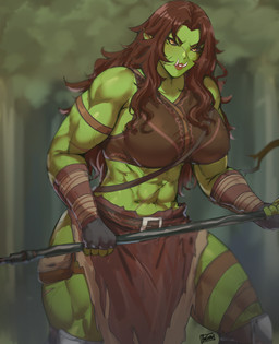 abs black_sclera breasts brown_hair clothed clothing deltoids female green_body green_skin hair humanoid_pointy_ears muscular muscular_female not_furry pointy_ears scar solo tusks yellow_eyes batako humanoid orc 2023 hi_res