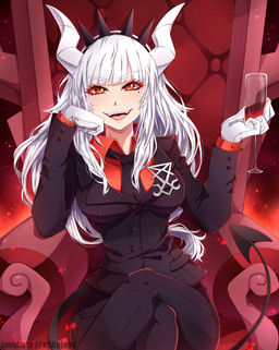 bottomwear breasts chair clothing crossed_legs female furniture glass gloves handwear liquid looking_at_viewer not_furry occult_symbol open_mouth pants sigil sigil_of_lucifer solo spade_tail suit symbol tail throne invidiata helltaker lucifer_(helltaker) demon humanoid 2020 absurd_res hi_res
