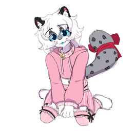 4_fingers anthro blue_eyes blue_tongue bottomwear clothed clothing collar crossdressing fingers fur grey_body grey_fur hair legwear male pink_clothing pink_collar ribbons skirt smile solo stockings tongue white_hair unknown_artist asphinx felid mammal pantherine snow_leopard absurd_res hi_res