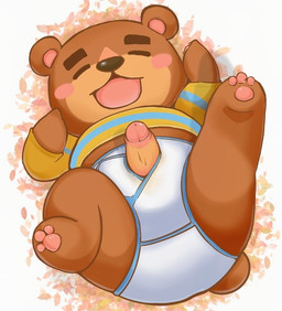 anthro blue_seam_briefs briefs brown_body brown_fur chibi clothing colored_seam_underwear erection eyes_closed fur genitals humanoid_genitalia humanoid_penis kemono male overweight overweight_anthro overweight_male penis penis_poking_out penis_through_fly shirt solo topwear underwear white_briefs white_clothing white_underwear inusawa animal_crossing nintendo teddy_(animal_crossing) bear mammal 2021