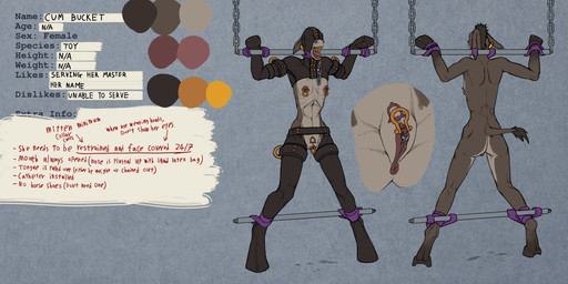anthro bdsm belt biped bodily_fluids bondage bondage_gear bondage_gloves bound branded branding chain clothing color_swatch drooling female forced gag handwear hood leather nipple_piercing nipples piercing restrained saliva sensory_deprivation solo text tongue tongue_out tongue_piercing missing.file cum_bucket_(character) asinus donkey equid equine hybrid mammal mule 2:1 absurd_res digital_media_(artwork) english_text full-length_portrait hi_res model_sheet portrait