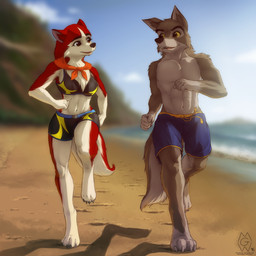 4_toes 5_fingers anthro anthrofied athletic athletic_anthro athletic_female athletic_male barefoot beach bikini bikini_bralette bikini_shorts blurred_background brown_eyes canon_couple clothed clothing day detailed_background digitigrade duo exercise eye_contact eyelashes feet female fingers flat_belly footprint fur grey_body grey_fur jogger kerchief looking_at_another male male/female midriff multicolored_body multicolored_fur muscular muscular_male navel open_mouth outside red_body red_fur sand seaside size_difference sky smaller_female smile swimming_trunks swimwear teeth toes topless topless_male two-piece_swimsuit two_tone_body two_tone_fur white_body white_fur mykegreywolf balto_(series) universal_studios balto jenna_(balto) canid canine canis domestic_dog husky hybrid mammal nordic_sled_dog spitz wolf wolfdog 1:1 absurd_res hi_res