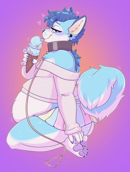 anthro black_ear_piercing black_ear_stud blue_body blue_clothing blue_ear_tips blue_eyes blue_fur blue_hair blue_nose blue_panties blue_underwear blush bottomwear clothed clothed_anthro clothed_male clothing collar cropped_sweater crossdressing dessert dipstick_ears ear_markings ear_piercing ear_stud eating_ice_cream femboy food fully_clothed fully_clothed_anthro fully_clothed_male fur hair humanoid_hands ice_cream ice_cream_cone leash leashed_collar looking_at_viewer male markings miniskirt multicolored_ears overweight overweight_male panties pattern_bottomwear pattern_clothing pattern_panties pattern_underwear pawpads piercing pink_tongue purple_pawpads purple_tongue skirt solo striped_bottomwear striped_clothing striped_panties striped_underwear stripes tail tongue tongue_out underwear wearing_collar white_body white_fur yellow_sclera ryunwoofie 2026 digital_drawing_(artwork) digital_media_(artwork) english_description hi_res