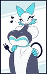 :3 anthro big_breasts blush blush_stickers bouncing bouncing_breasts breasts cable_tail cleavage clothed clothing dress eyes_closed female hip_sway huge_breasts machine musical_note musical_symbol smile solo swaying symbol thick_thighs wide_hips r-mk deltarune undertale_(series) tasque_manager domestic_cat felid feline felis mammal robot 2023 animated hi_res short_playtime