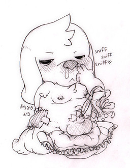 anthro bodily_fluids clothing diaper flaccid foreskin genital_fluids genitals humanoid_genitalia humanoid_penis male musk open_diaper peeing penis sniffing sniffing_fingers sniffing_self solo urine urine_stream watersports young young_anthro momiji-kun lagomorph leporid mammal rabbit monochrome