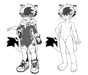 4_fingers anthro balls biped blush bodily_fluids clothing eyewear feet fingers flaccid footwear genitals goggles humanoid_genitalia humanoid_penis kemono male nude penis shoes simple_background sneakers solo sweat whiskers white_background young young_anthro young_male kuromu felid feline mammal absurd_res hi_res monochrome
