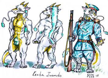 abs animal_genitalia anthro backpack balls clothing eyewear genitals glasses gun horn infantry japan japanese male military nude ranged_weapon rifle sheath solo uniform weapon anxiousboar mythology dragon eastern_dragon imperial kobold mythological_creature mythological_scalie scalie hi_res