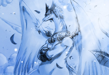 anthro aviator_cap clothing cloud crossed_arms feathered_wings feathers furgonomic_piercing furgonomics gloves hair handwear looking_at_viewer male outside piercing sky solo twig_in_mouth wing_piercing wings goichimonji legendz mythology shiron dragon mythological_creature mythological_scalie scalie windragon monochrome