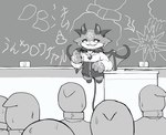 ambiguous_gender anthro biped bodily_fluids bomb_collar chalkboard classroom collar feces grin group head_horn hooves horn jersey membrane_(anatomy) membranous_wings school semi-anthro smile sweat sweatdrop tail wings oribiyo nijisanji vtuber contractor debidebi_debiru demon human mammal greyscale monochrome