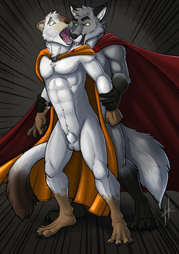 abs animal_genitalia anthro arm_grab balls bite blue_eyes cape cheek_tuft clothing duo facial_tuft front_view fully_sheathed fur genitals green_eyes grey_body grey_fur grey_hair hair head_tuft male male_anthro muscular muscular_anthro muscular_male neck_tuft open_mouth orange_cape orange_clothing pecs pink_tongue red_cape red_clothing sheath short_hair standing tongue tuft white_balls white_body white_fur white_sheath hufnaar canid canine mammal species_request vampire hi_res