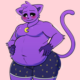 anthro arm_tuft belly belly_grab big_butt black_nose black_sclera blush bodily_fluids butt clothing embarrassed fur head_tuft jewelry long_tail looking_at_self looking_down male moobs necklace overweight pattern_clothing pattern_underwear pupils purple_belly purple_body purple_ears purple_fur simple_background solo sweat sweatdrop tail thick_thighs tuft underwear weight_conscious white_pupils an0malyz3r0 mob_entertainment poppy_playtime smiling_critters catnap_(poppy_playtime) domestic_cat felid feline felis mammal 1:1 hi_res