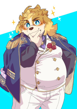 accessory anthro belly blonde_hair blue_eyes blush clothing corsage formal_clothing hair male necktie overweight smile smirk solo sparkles standing suit ottyo_kope lifewonders live_a_hero hisaki_(live_a_hero) canid canine canis domestic_dog mammal hi_res