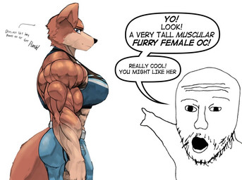 abs annoyed anthro biceps big_breasts big_hands bottomwear breasts brown_body butt clothing denim denim_bottomwear denim_clothing dialogue duo female female_focus fluffy fluffy_tail forearm_muscles jeans looking_at_viewer male muscular muscular_anthro muscular_female pants shirt side_view speech_bubble tail tank_top text topwear vnix soyjak canid canine canis human mammal english_text meme