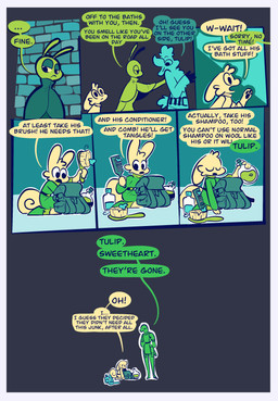 annoyed antennae_(anatomy) anthro backpack border bored bottle brick brick_wall brush comb_(brush) container female fur hairbrush horn kneeling male sad text wall_(structure) white_border wool_(fur) vanilla_candy unicorn_blood_(comic) aspen_(vanilla_candy) briar_(vanilla_candy) saffron_(unicorn_blood) tulip_(unicorn_blood) arthropod bovid caprine hybrid insect lagomorph mammal reptile scalie sheep snake absurd_res comic english_text hi_res restricted_palette