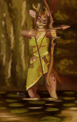 5_fingers accessory anthro antlers arrow_(weapon) biped bow_(weapon) breasts clothed clothing female fingers forest hair holding_bow_(weapon) holding_object holding_ranged_weapon holding_weapon horn melee_weapon one_eye_closed partially_submerged plant ranged_weapon river solo standing text tree water weapon leprzil art_fight artfight2026 deer mammal 2026 english_text hi_res signature