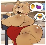 anthro apron big_butt bodily_fluids butt clothed clothing emojis half_naked half_naked_male male overweight overweight_anthro overweight_male partially_clothed plushie short_stack side_view smile solo speech_bubble sweat trashtoonz ted_(movie) ted_(ted) bear mammal hi_res