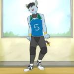 1:1 anthro anthrofied bulge clothing fuze generation_4_pokemon gym hi_res jockstrap kai_(fuze) male nintendo pokemon pokemon_(species) pokemorph pose shinx shirt solo sport tank_top topwear underwear uniform volleyball window