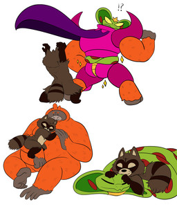 anthro armor belly butt cape clothing group interrobang male sleeping slightly_chubby snake_hood fleshysack cartoon_network mao_mao:_heroes_of_pure_heart coby_(mao_mao) fan_character orangusnake tanner_(mao_mao) ape canid canine cobra haplorhine mammal orangutan primate raccoon_dog reptile scalie snake tanuki absurd_res hi_res