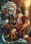 anthro armor biceps claws clothing eye_patch eyewear fur looking_at_viewer male melee_weapon muscular muscular_anthro muscular_male scimitar solo sword toe_claws weapon rabbity league_of_legends riot_games tencent rengar_(lol) felid lion mammal pantherine 2017 portrait