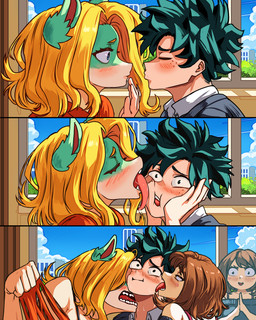 anthro bite black_clothing black_shirt black_topwear blonde_hair blue_eyes blush brown_hair clothing eye_scar face_lick facial_scar female freckles fur green_body green_fur green_hair group hair head_grab human_on_anthro interspecies licking male male/female neck_bite orange_clothing orange_shirt orange_topwear possession red_inner_ear scar sharp_teeth shirt soul tan_body tan_skin teeth tongue topwear torn_clothing undressing white_body white_clothing white_fur white_shirt white_topwear vlizz my_hero_academia ippan_josei izuku_midoriya ochaco_uraraka toga_himiko canid canine fox human mammal quirked_human_(my_hero_academia) 4:5 absurd_res comic hi_res
