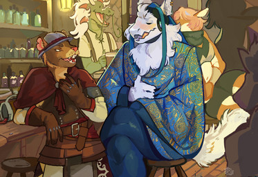 anthro armor blue_clothing clothing crowded duo fur gambeson lgbt_pride machine male pride_colors tavern vincian_pride_colors white_body white_fur piggy_noah kiwi_(blackkiwi) mammal murid murine protogen rat rodent hi_res