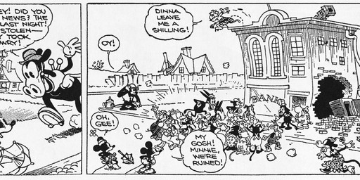 ambiguous_gender anthro bottomwear bowler_hat building clothed clothing dialogue female flower footwear group hat headgear headwear male open_mouth plant shoes standing text floyd_gottfredson hardie_gramatky disney public_domain clarabelle_cow horace_horsecollar mickey_mouse minnie_mouse anatid anseriform ape avian bird bovid bovine canid canine canis caprine cattle domestic_cat domestic_dog domestic_pig duck equid equine felid feline felis goat haplorhine horse mammal mouse murid murine primate rodent suid suine sus_(pig) 1930 20th_century absurd_res ancient_art black_and_white comic dated english_text hi_res long_image monochrome signature wide_image